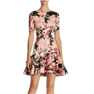 Aqua | Pink White Flowers on a Black Background Dress with a Crewneck